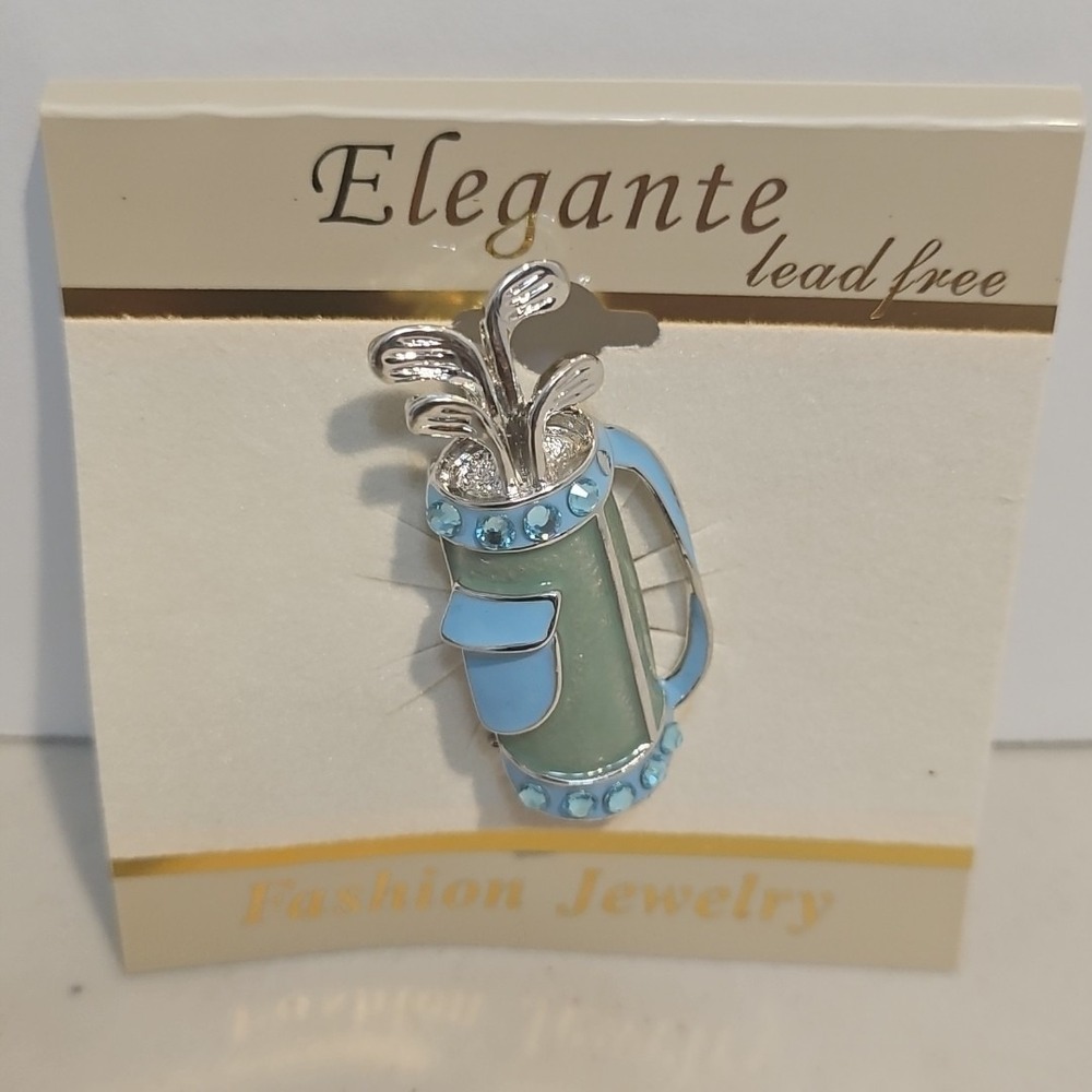 Elegante Blue Golf Bag Pin Brooch Silver Tone Enamel Rhinestone Lead Free NEW - Picture 1 of 4
